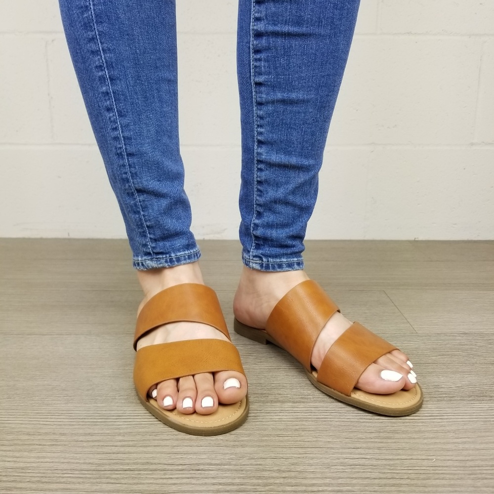 Tan Vegan Leather Flat Comfort Sandal -H - Picture 2 of 7